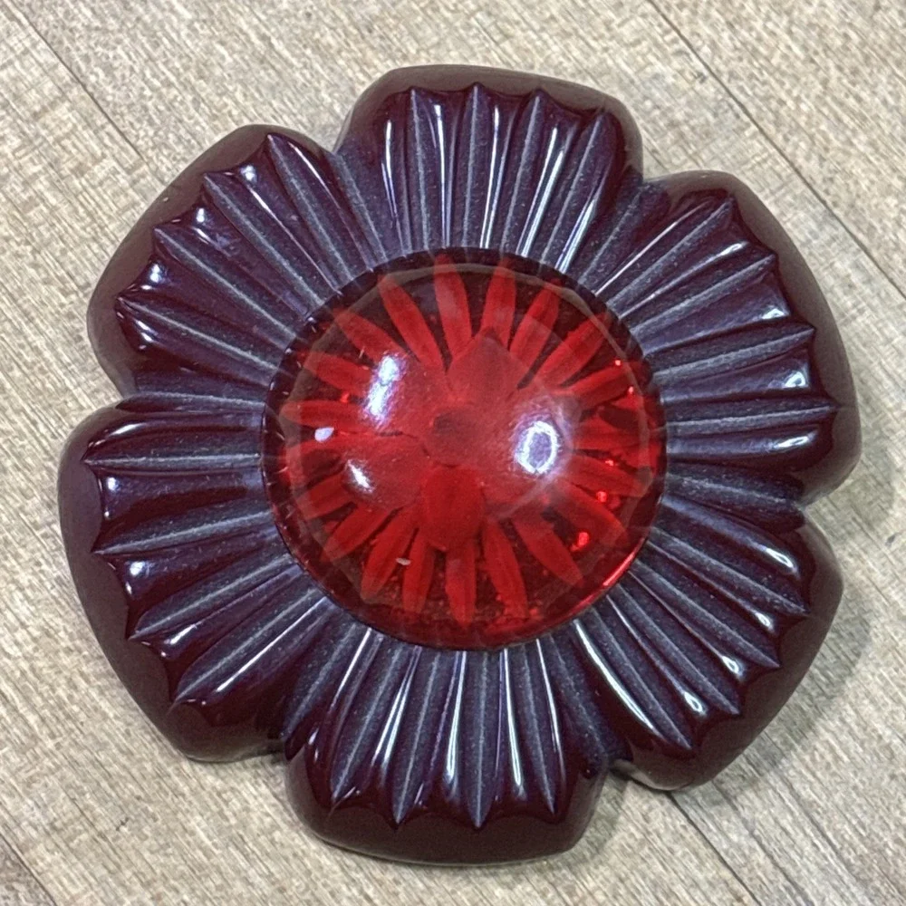 Rare 1930s Art Deco Bakelite Brooch Reverse Carved Lucite Dome Cherry Flower